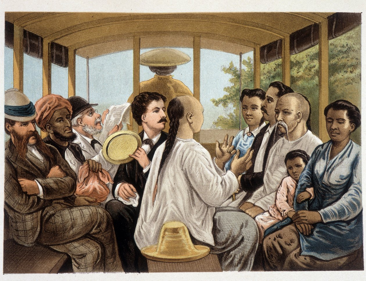 Indonésiens et Occidentaux dans un bus indonésien - « Het kamerlind van Berkentstein in Nederlandsch-Indie » par MTH Perelaer - Leiden - AW Sijjhoff dessins par JC Rappard - Batavia « dans un transport » de eerste avond aan wal - Unknown artist