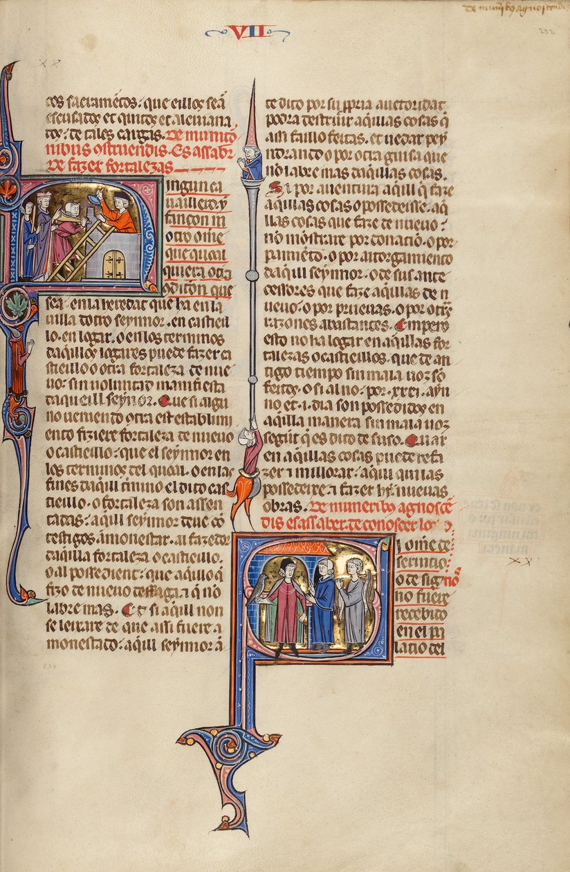 Initiale N : Deux hommes construisant une forteresse ; Initiale S : Deux hommes rencontrant un noble portant un faucon - Unknown artist