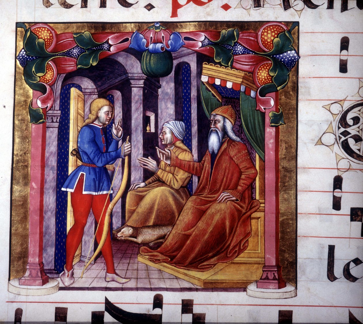 Isaac invite Ésaü à chasser. Manuscrit du 15ème siècle. Antiphonaire du 15ème siècle. Bibliothèque de Lodi - Unknown artist