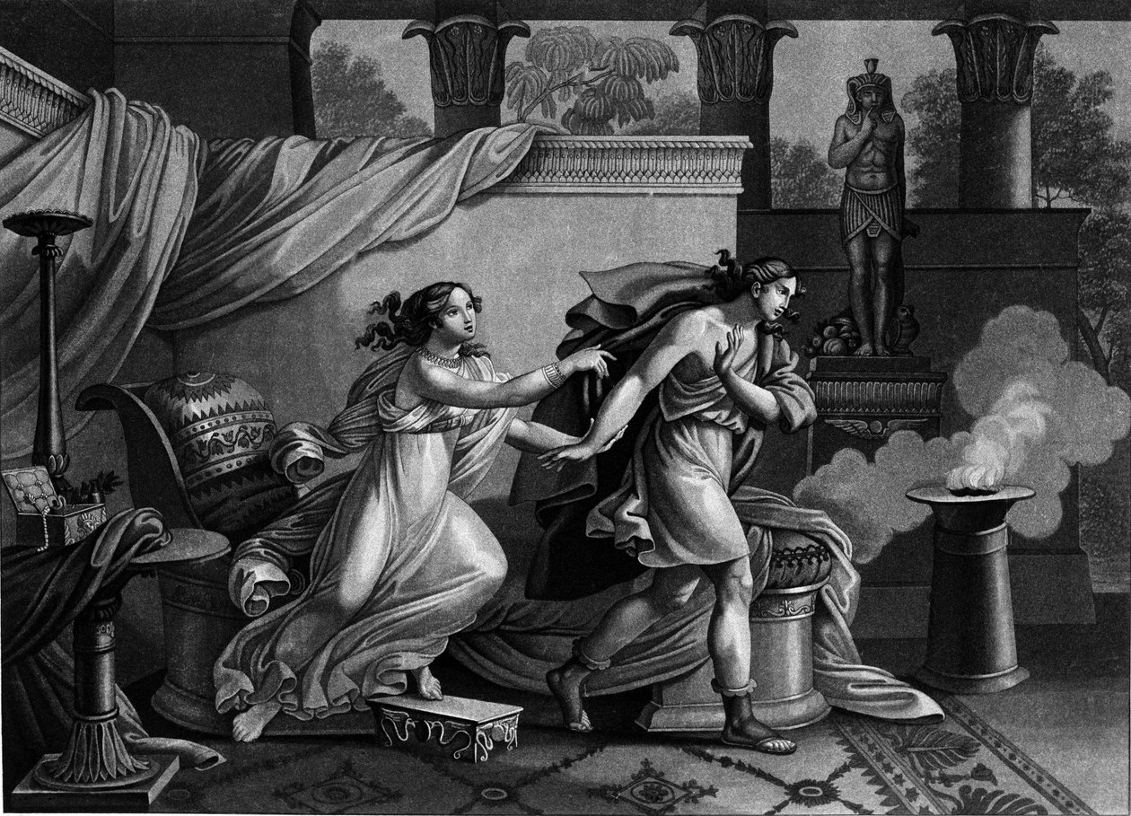 Joseph fuyant la femme de Putiphar cherchant à le séduire. Lithographie du 19e siècle - Unknown artist