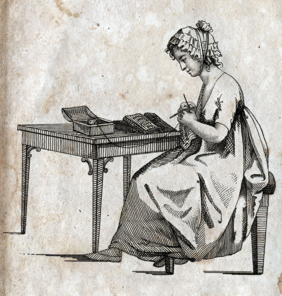 Machine à tricoter : femme occupée à tricoter de la laine. Gravure fin XVIIIe siècle. Collection privée. - Unknown artist