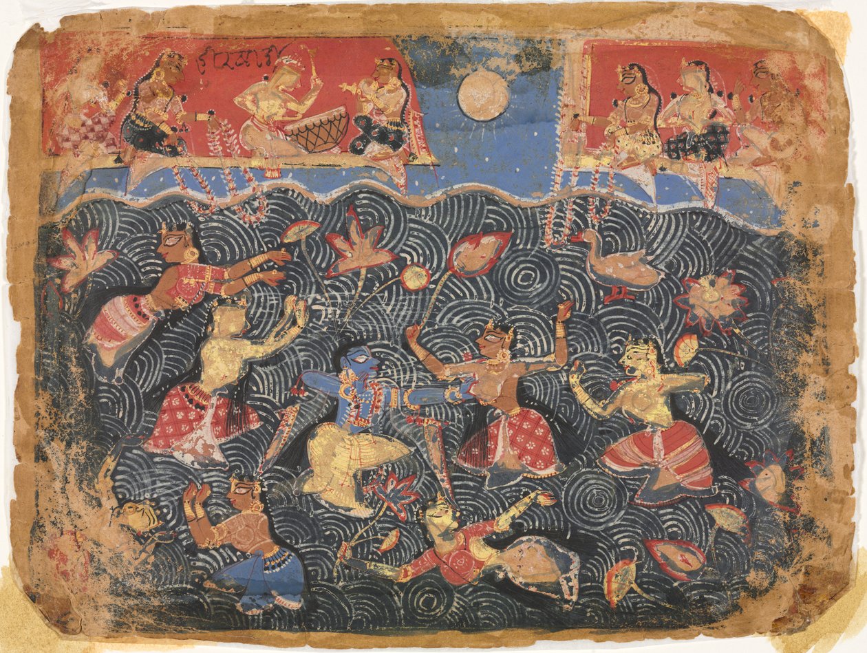Krishna jouant avec les gopis dans la rivière Jumna, d