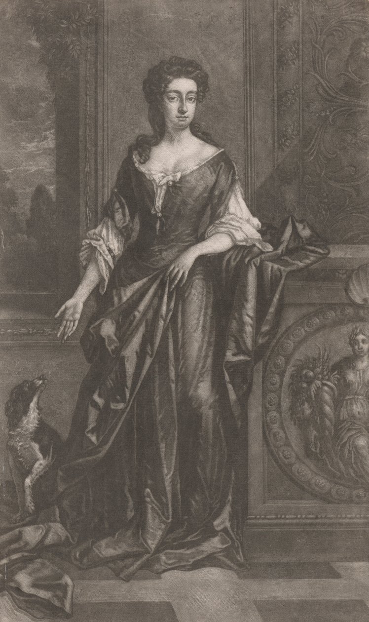 Dame (avec chien, appuyée contre un piédestal avec bas-relief de corne d