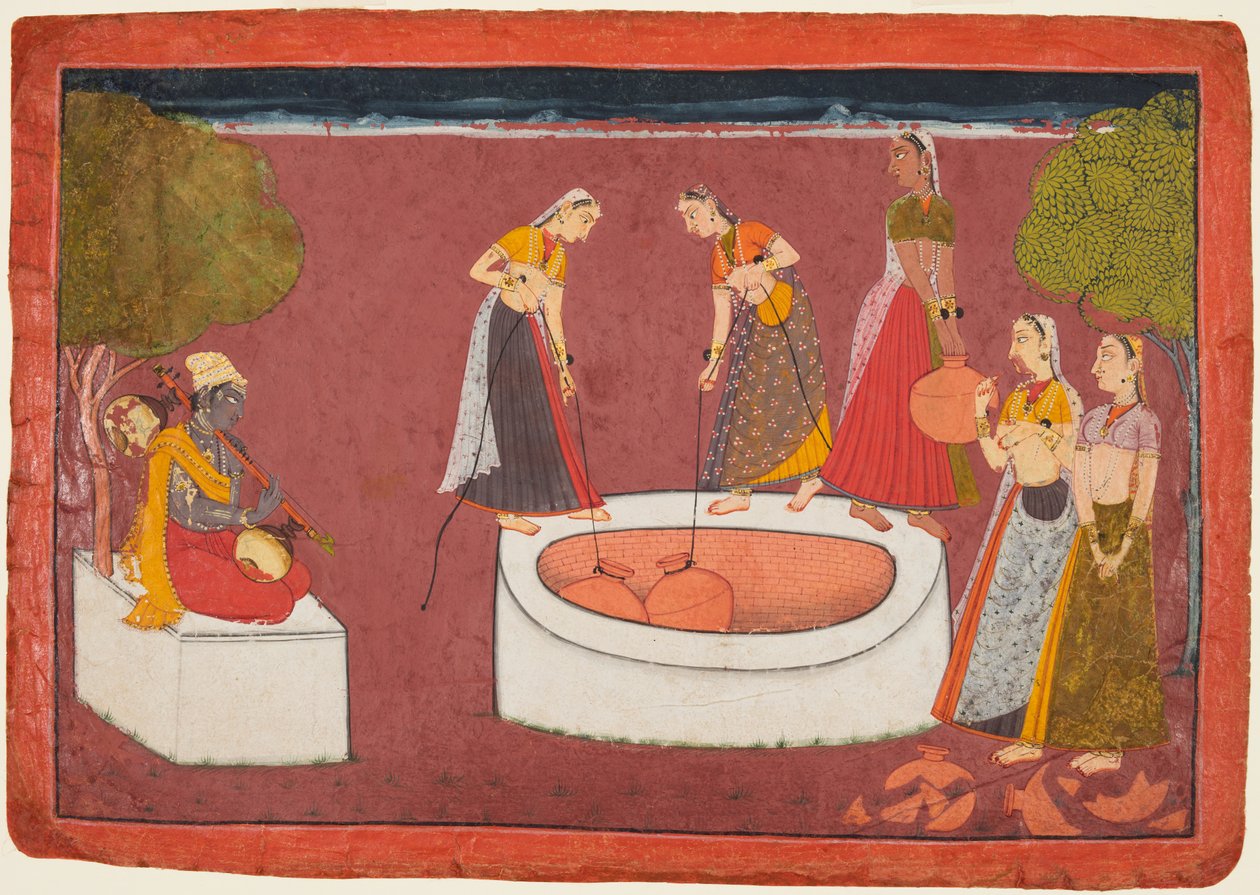 Madhava joue de sa vina devant cinq femmes puisant de l