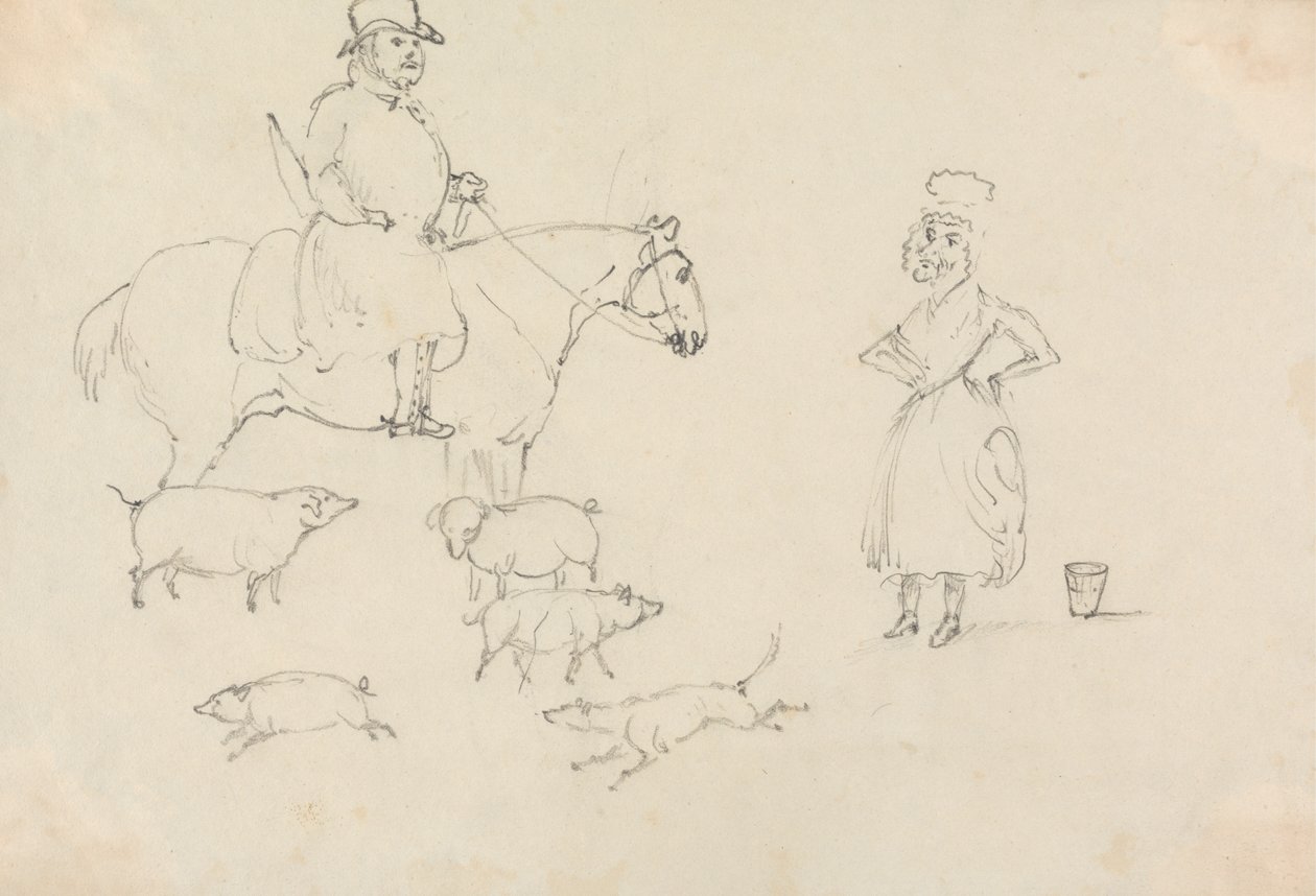 Homme à cheval, avec des cochons - Unknown artist