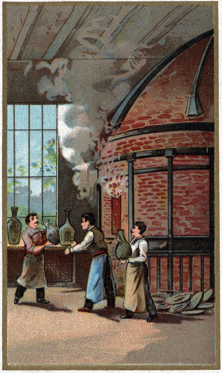 Fabrication de porcelaine : cuisson. Chromolithographie de la fin du XIXe siècle - Unknown artist