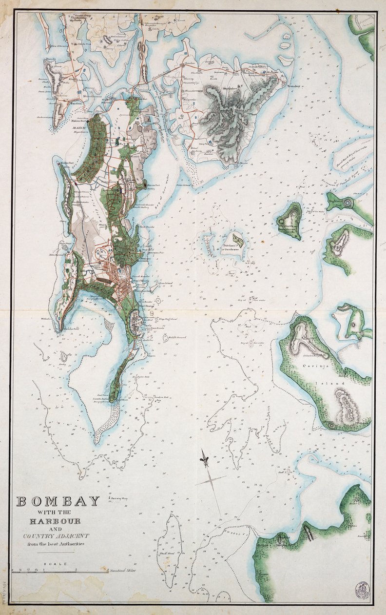 Carte de Bombay avec le port et le pays adjacent, montrant également la mer d