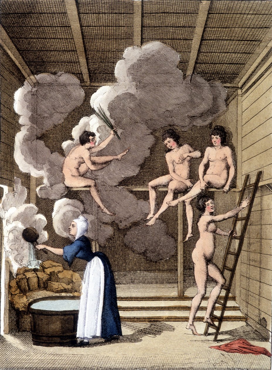 Personnages nus dans un sauna finlandais. Gravure de 1811 incluse dans un livre sur le voyage - Unknown artist
