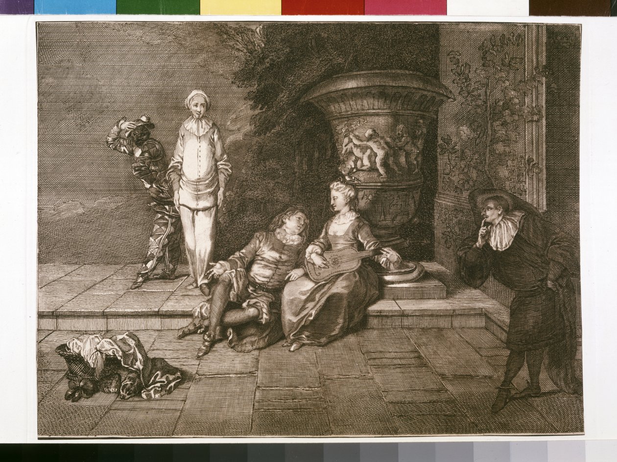 Gravure originale avec Pierrot à gauche - Unknown artist
