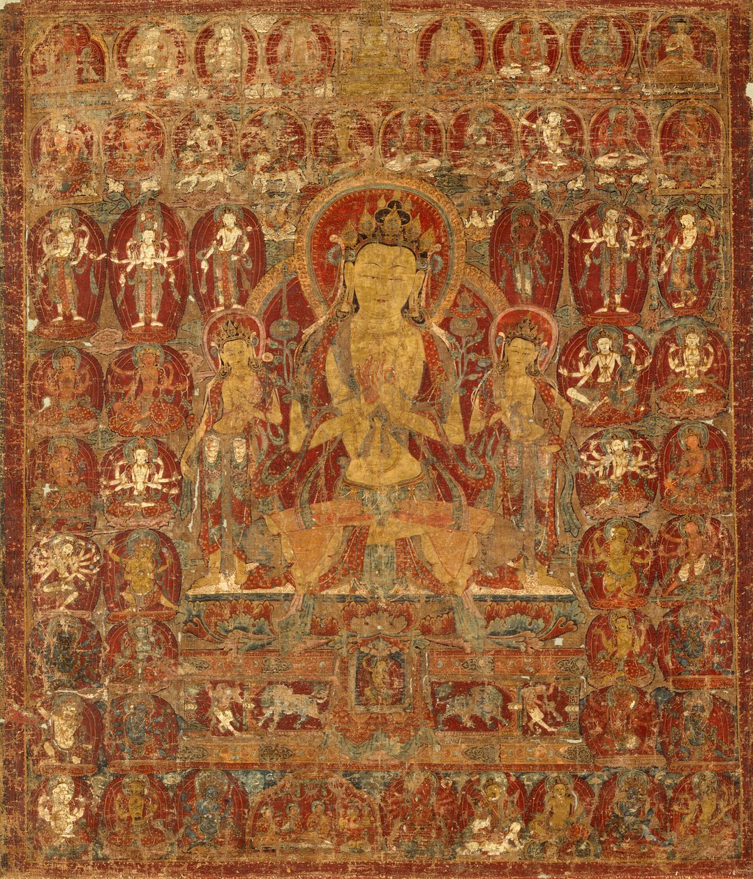 Bannière peinte (Thangka) du Bodhisattva Manjushri avec Vajrapani (à droite) et Padmapani (à gauche) - Unknown artist