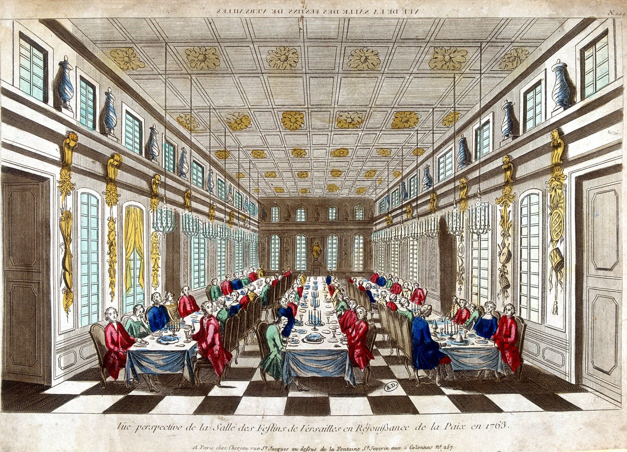 Vue perspective de la Salle des Festins de Versailles en célébration de la paix en 1763 entre la Grande-Bretagne, la France et l