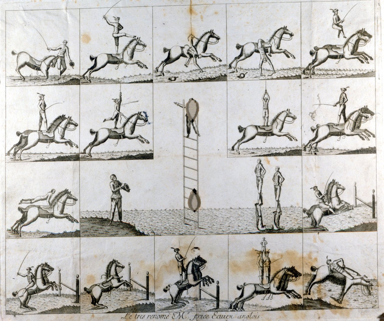Planche de 19 gravures représentant les prouesses du voltigeur anglais M. Price. Vers 1790 - Unknown artist