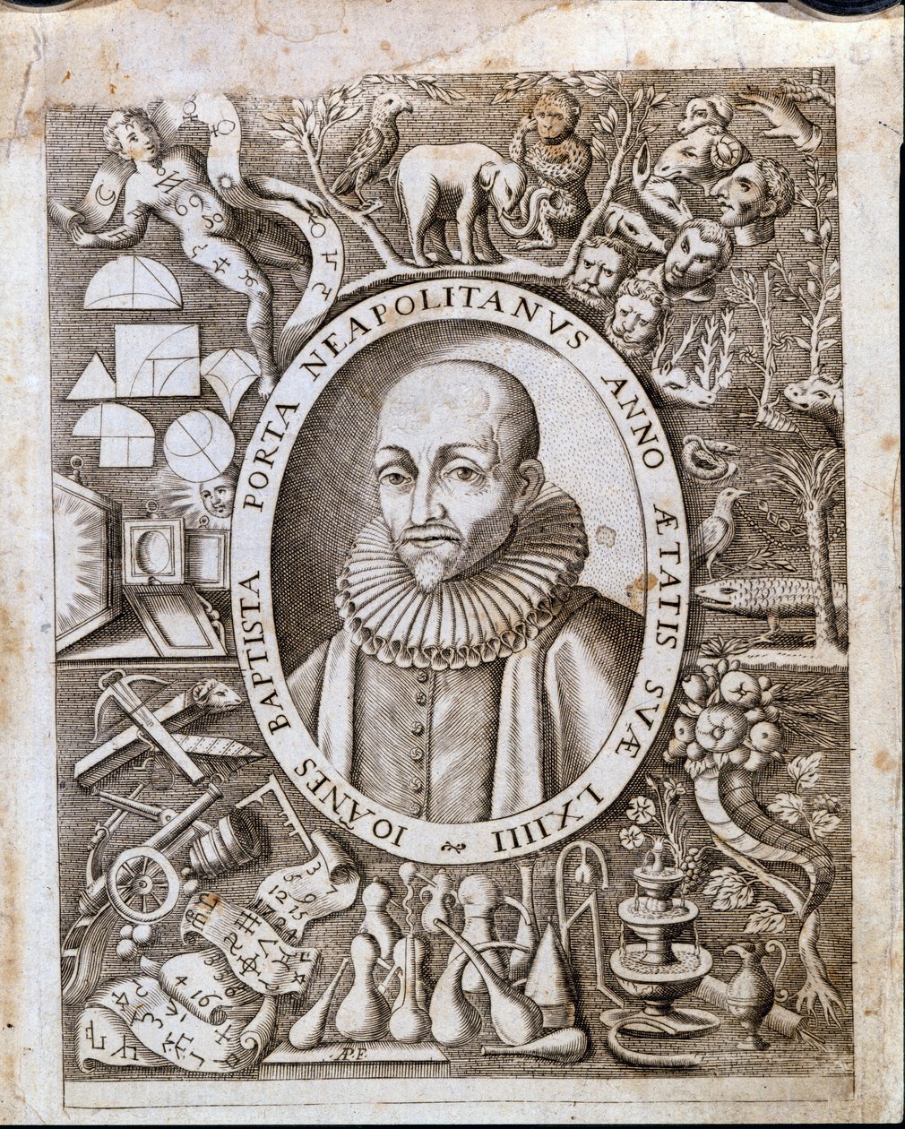 Portrait de Giambattista (Jean-Baptiste, Jean-Baptiste) della Porta (1535 - 1615) sur la page de titre de « Magiae Naturalis ». XVIIe siècle. - Unknown artist