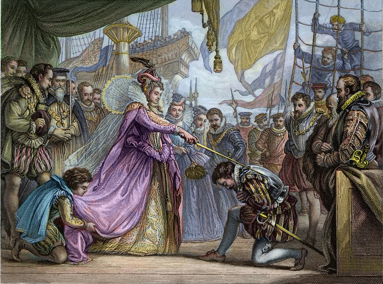 La reine Élisabeth I (1530-1603) adoubant Francis Drake (1540-96) - Adoucissement par Francis Drake (1540-1596) - Unknown artist
