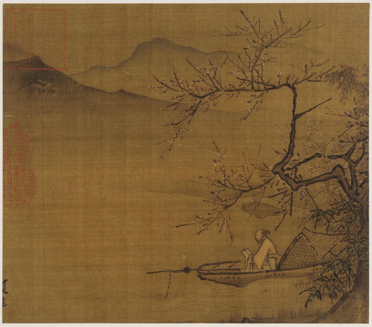 Paysage fluvial : un homme lisant dans un bateau amarré sous un arbre en fleurs - Unknown artist
