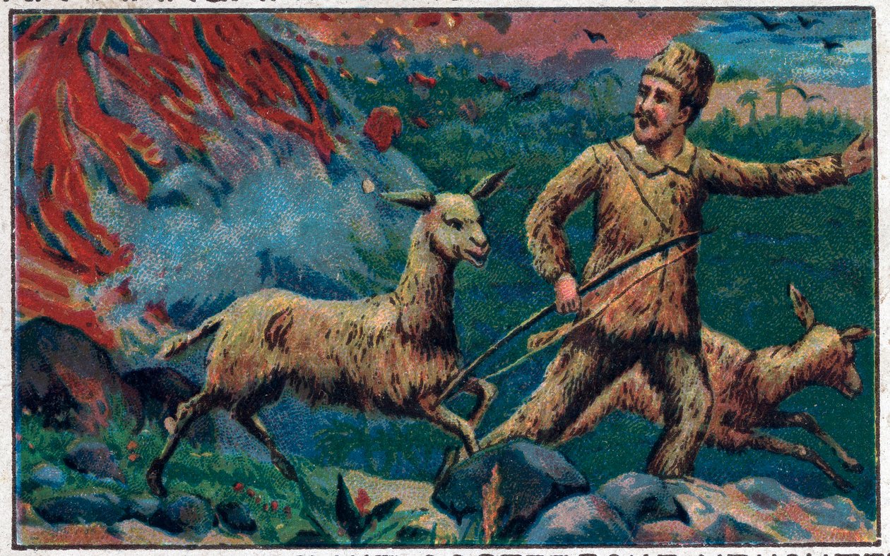 Robinson échappe à une explosion volcanique. Illustration pour le livre de Daniel Defoe "Robinson Crusoé". Chromolithographie de la fin du XIXe siècle. - Unknown artist