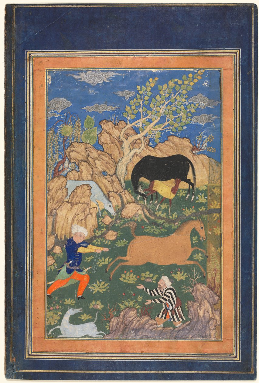 Rustam attrapant son cheval, Rakhsh, dans un paysage (recto) - Unknown artist