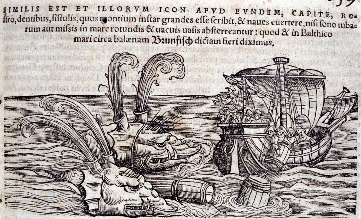 Des marins jettent des tonneaux à la mer pour distraire les monstres en poursuite. Gravure dans « Historia Animalium » de Conrad Gesner - Unknown artist