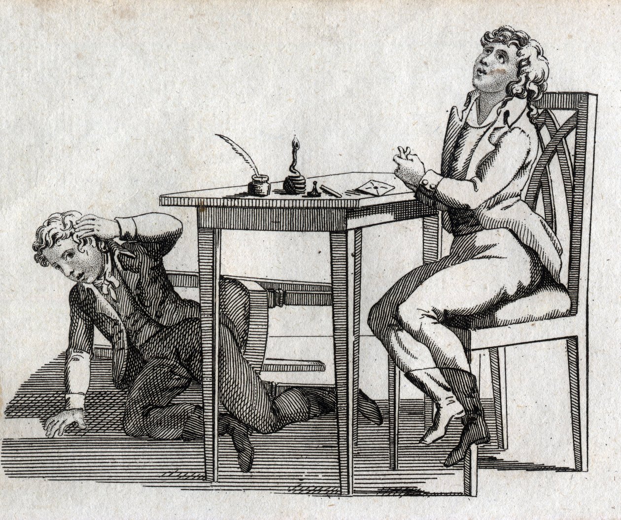Écoliers à une table avec encrier. Gravure fin XVIIIe siècle. Collection privée. - Unknown artist
