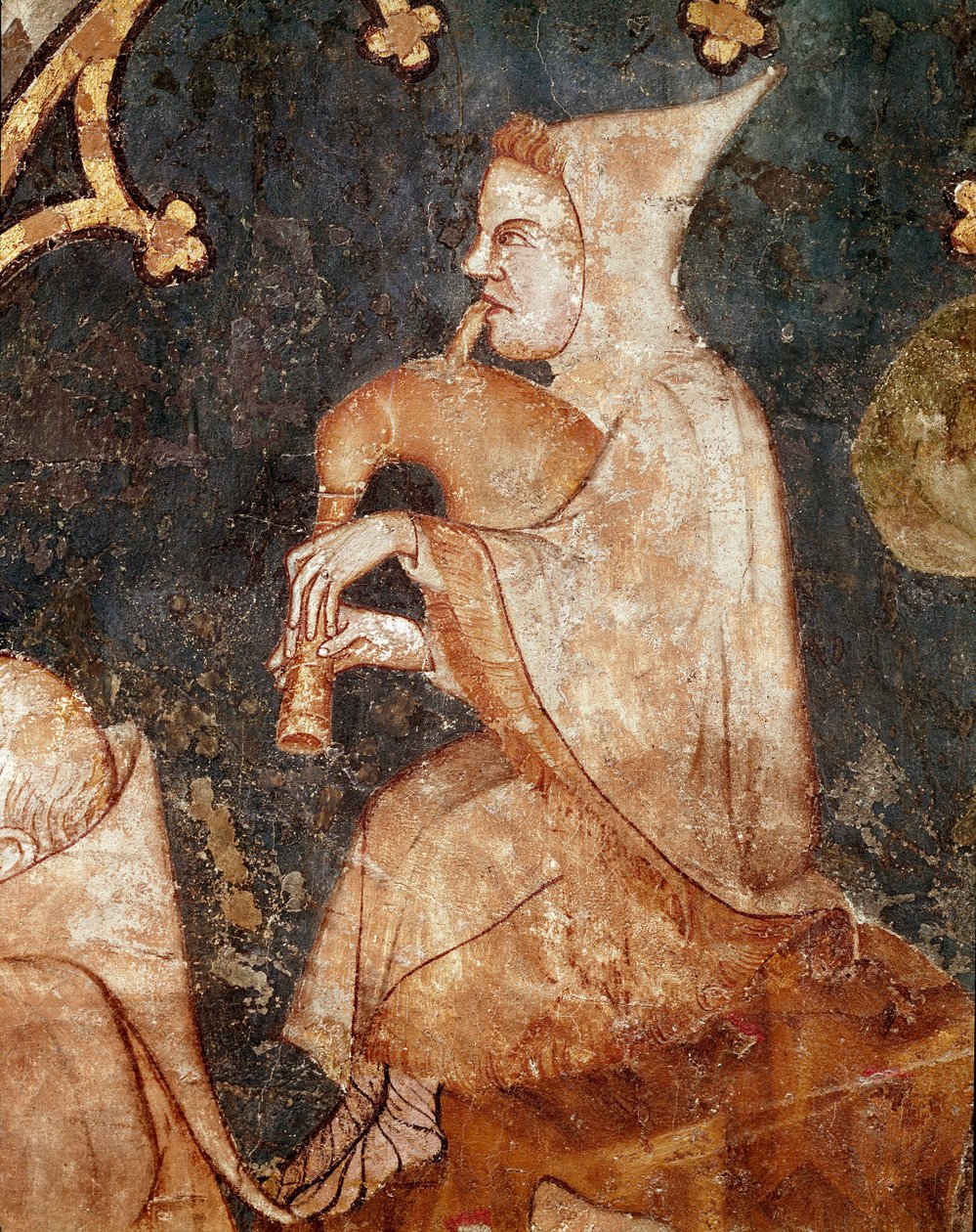 Berger soufflant dans une cornemuse (détail). Fresque du XIVe siècle. D
