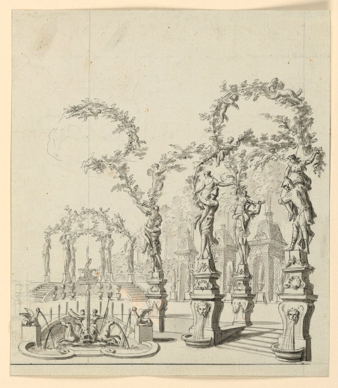 Décor de scène : Architecture de jardin avec fontaine et sculptures - Unknown artist