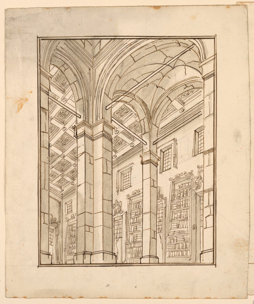 Décor de scène : Intérieur de bibliothèque avec arches - Unknown artist