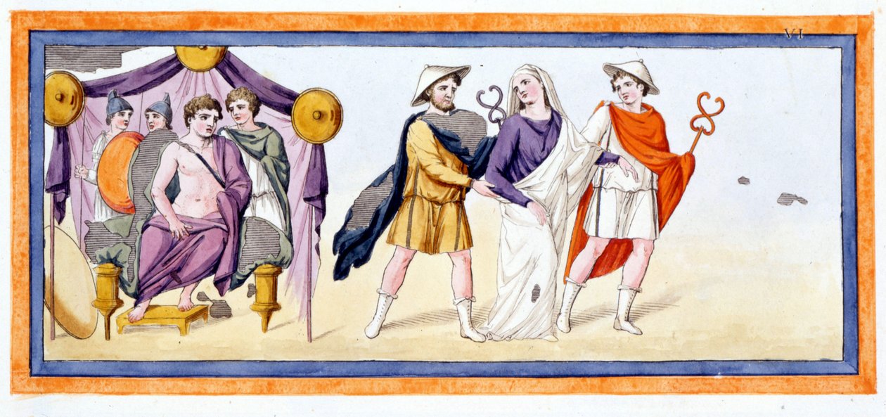 Talthybios et Eurybates emmènent la vierge Briséis devant Achille, qui se tient dans la tente des Myrmidons. Iliade Chant I, v 345. Gravure de la fin du 18ème siècle. - Unknown artist
