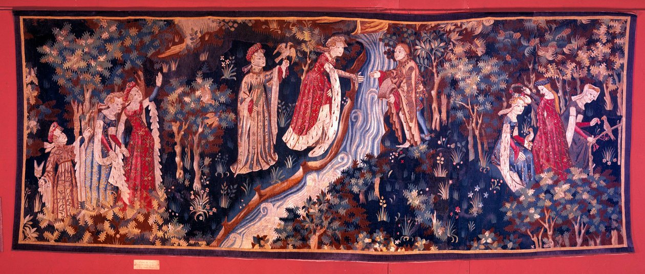 Tapisserie représentant une scène de roman : une jeune femme de la noblesse cherchant à rejoindre son amant de l