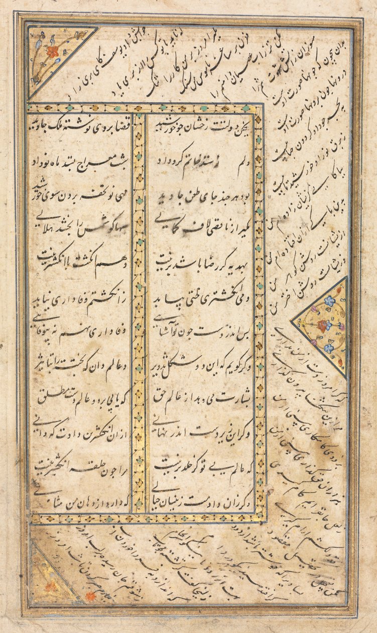Page de texte, vers persans (verso) dans une anthologie avec quelques vers du Haft Awrang (Sept Trônes) de Jami; Le cinquième trône Yusuf et Zulaykha - Unknown artist
