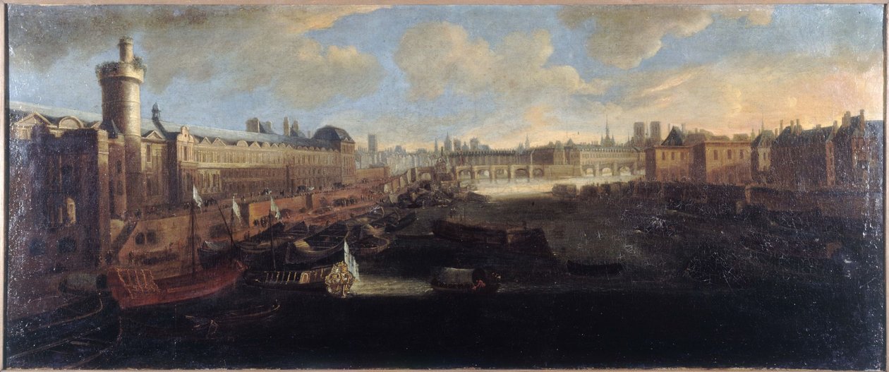 La Grande Galerie du Louvre, avec la Porte Neuve, le Pont-Neuf, la Cité, le Collège des Quatres-Nations en construction et le Quai Malaquais, vers 1665, sur la Seine la galère royale, 1er et 6e arrondissements actuels, entre 1660 et - Unknown artist