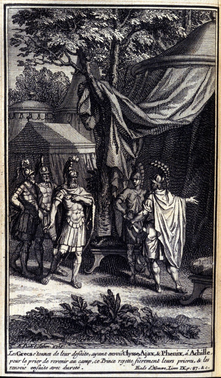 Les Grecs, étonnés de leur défaite, envoient Ulysse, Ajax et Phénix à Achille pour le prier de revenir au camp. Ce prince rejette fièrement leurs prières et les renvoie durement. Illustration du livre IX de l