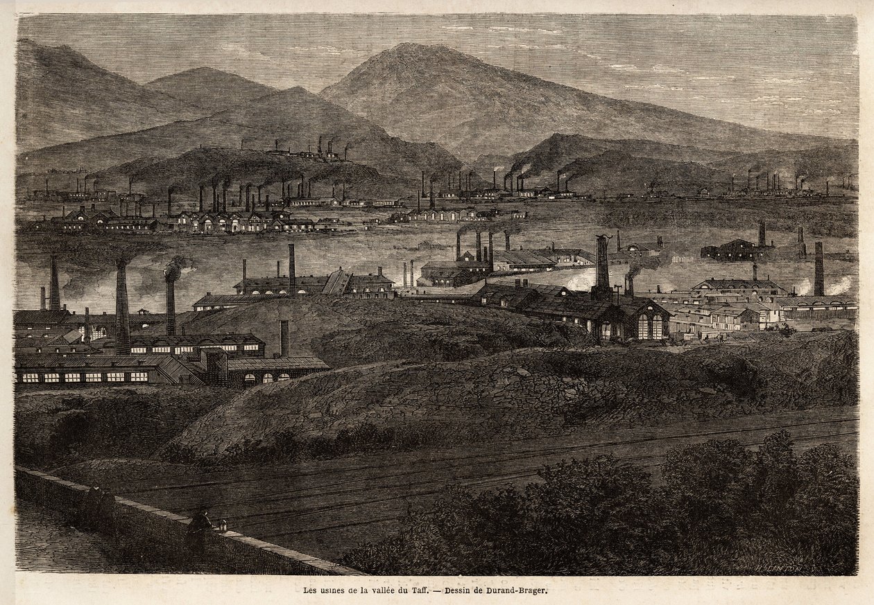 Les usines de la vallée de Taff. Dessin de Durand Brager, pour illustrer une visite aux grandes usines du Pays de Galles en 1862, par L. Simonin. Gravure dans « Le tour du monde », édité par Edouard Charton - Unknown artist