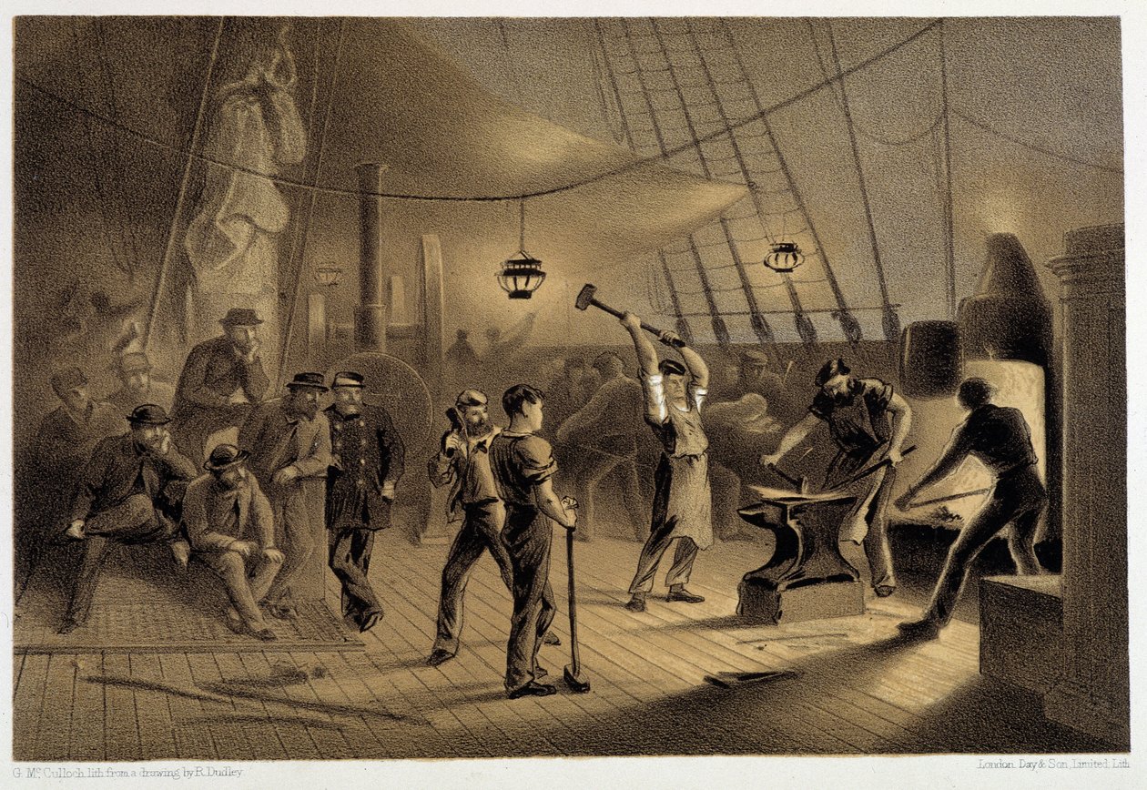 La forge sur le pont. Nuit du 9 août préparant le revêtement en fer pour le cabestan - dans « Le télégraphe atlantique » par W. H. Russel, ca. 1860 - Unknown artist