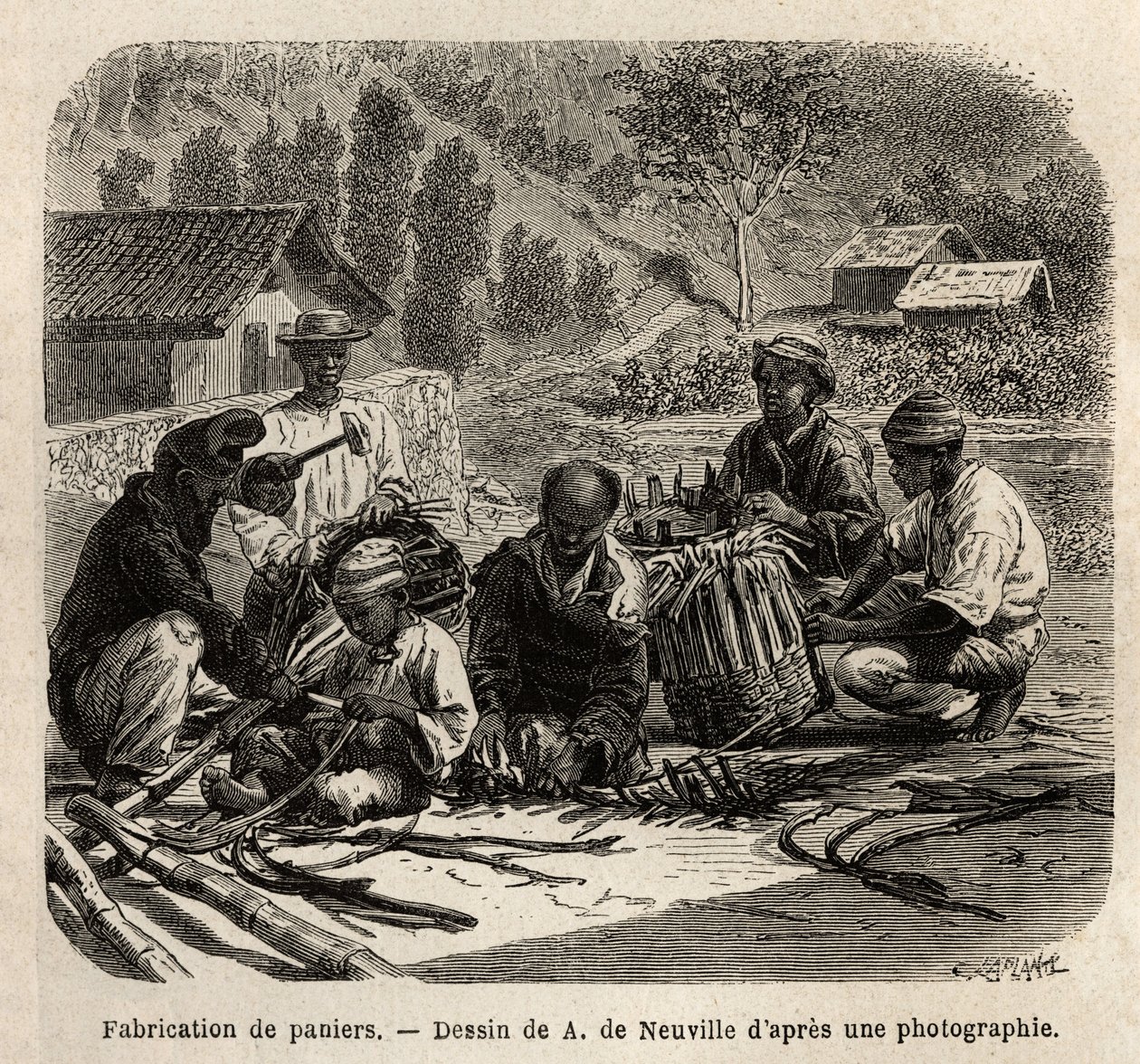 La fabrication de paniers en feuilles de palmier, pour la collecte du café. Gravure pour illustrer le voyage au Brésil, récit par M. et Mme Agassiz, en 1865-1866, publié dans "Le tour du monde, nouveau journal des voyages", sous la direction d