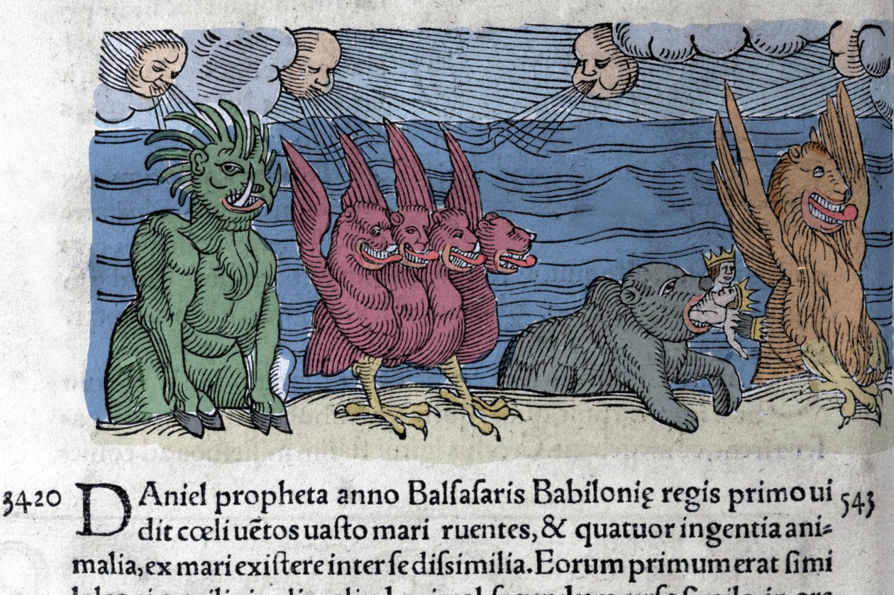 Le prophète Daniel voit apparaître des monstres : Haniel, Kafziel, Azriel, Aniel. Gravure tirée du « Livre des Prodiges et des Présages » de Wolfhart (Conrad Lycosthène) 1557 - Unknown artist