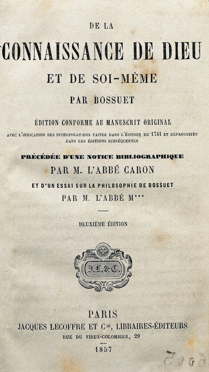 Page de titre de La connaissance de Dieu et de soi-même par le théologien et évêque français Jacques-Bénigne (Jacques Benigne) Bossuet (1627-1704). 1857. - Unknown artist
