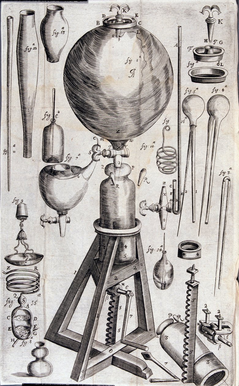 Outils pour expériences scientifiques - dans « Nova experimenta physico-mechanica de vi aeris elastica, et ejusdem effectibus, facta maximam partem in nova machina pneumatica » par Robert Boyle - Unknown artist