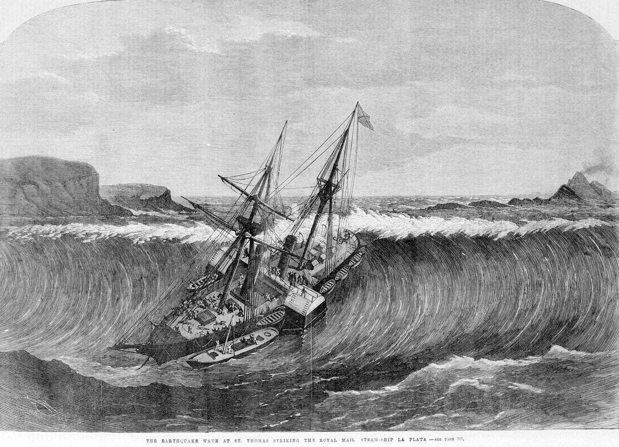 Tsunami 1867. Le tremblement de terre à Saint-Thomas a provoqué les grandes vagues qui ont frappé le paquebot « La Plata » en 1867. - Unknown artist