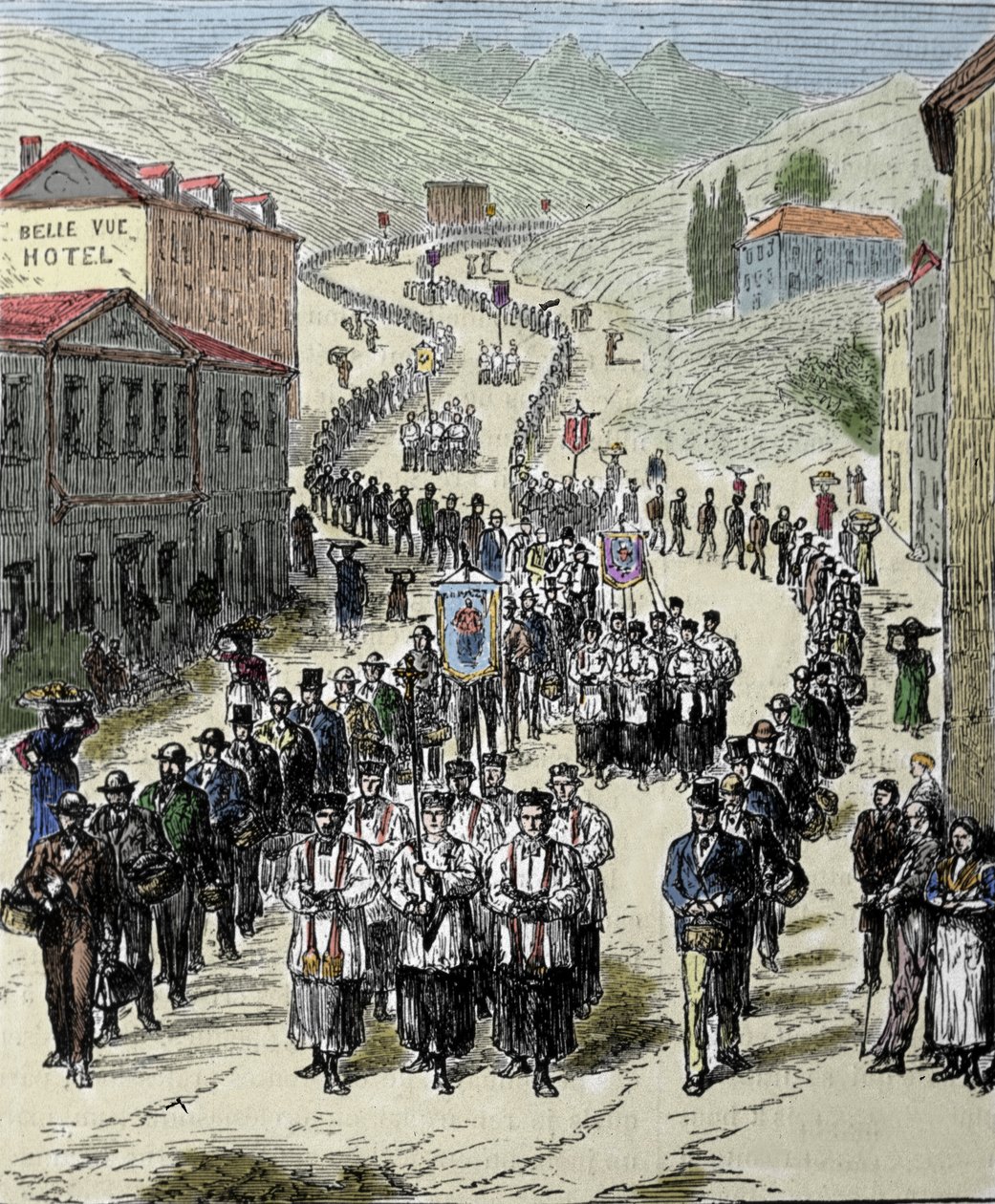 Vue de la procession de la gare à la grotte de Lourdes dans les Hautes-Pyrénées où la Vierge est apparue à Bernadette Soubirous en 1858, lieu de pèlerinage actuel. Gravure du 19ème siècle - Unknown artist