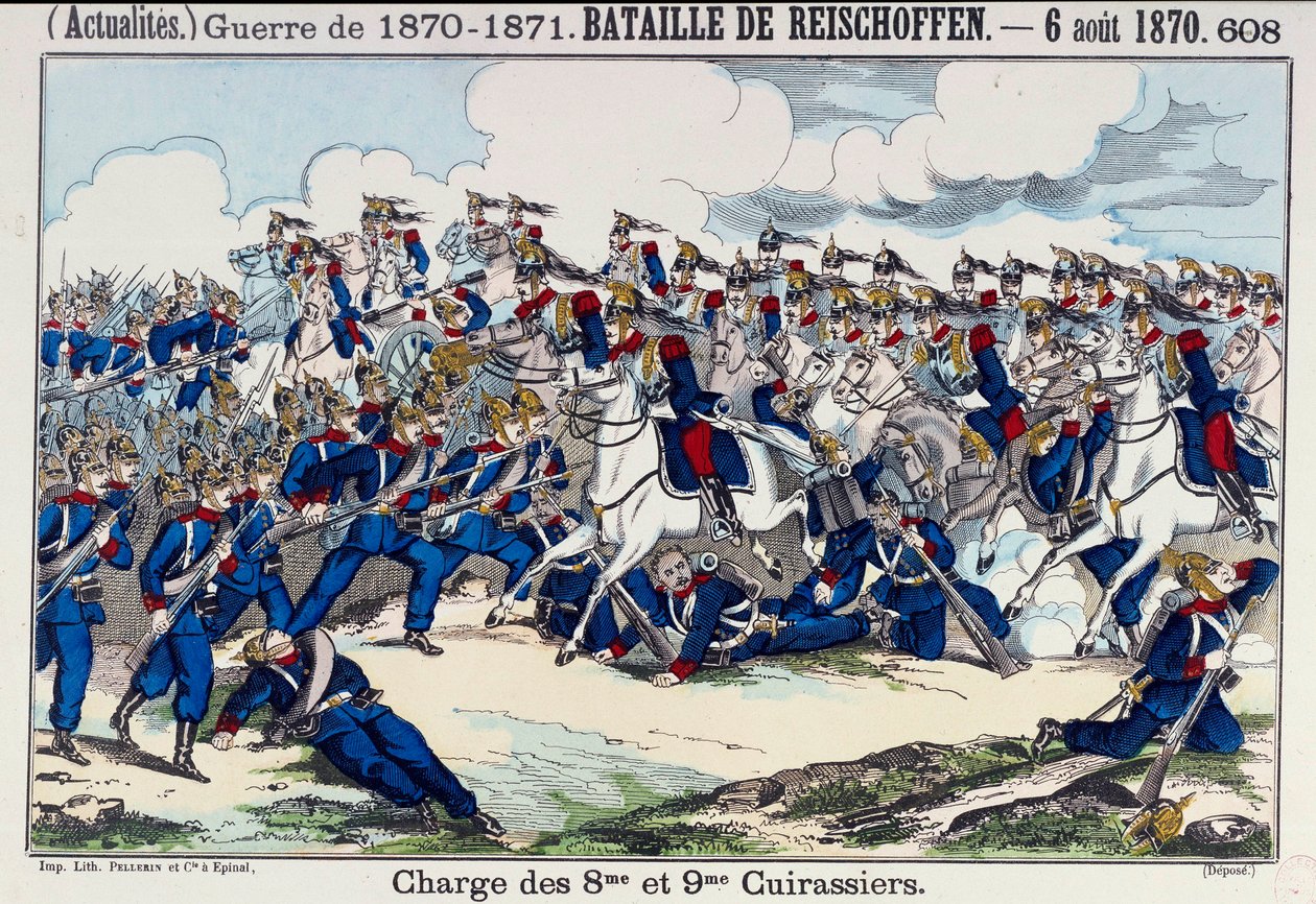 Guerre de 1870-1871 : vue de la bataille de Froeschwiller (ou Reischoffen) et la charge des cuirassiers, 6/08/1870 (reprise de Woerth). Gravure du 19ème siècle. Paris, B.N. - Unknown artist