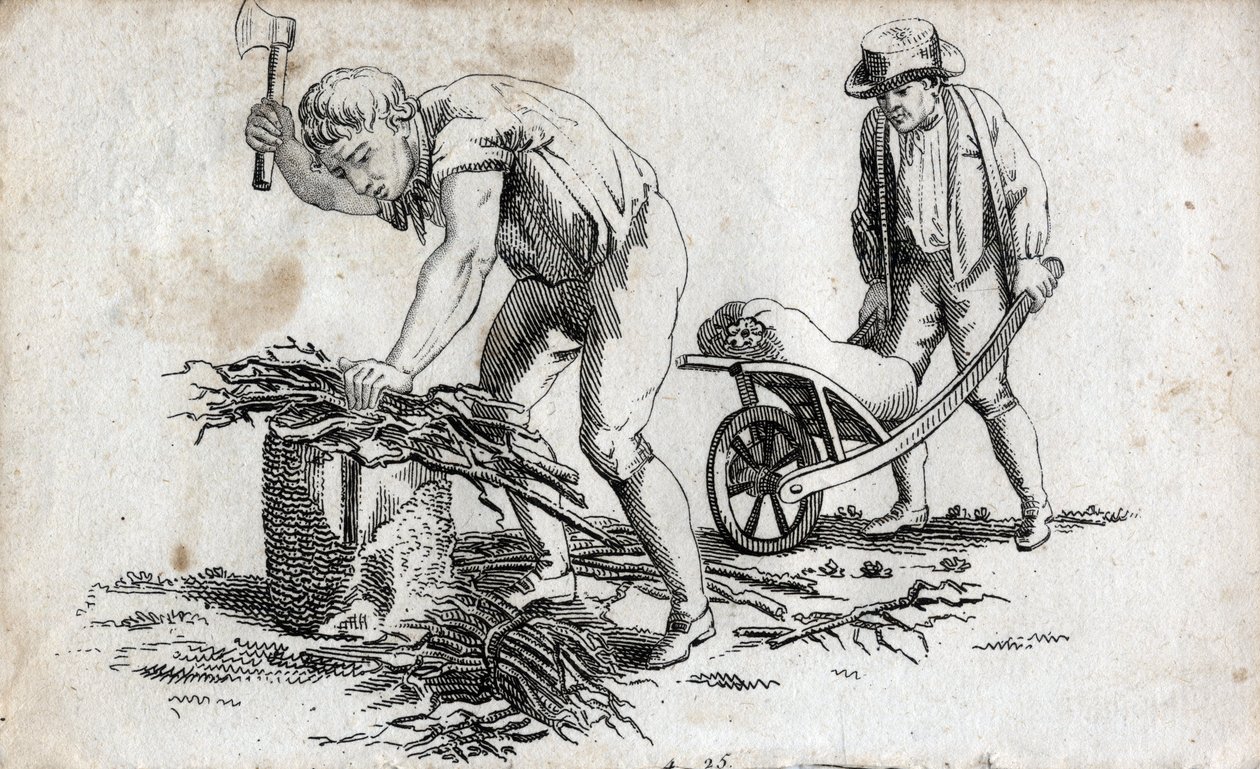 Bûcherons faisant des fagots de bois et homme portant des fagots sur une brouette. Gravure fin XVIIIe siècle. Collection privée. - Unknown artist