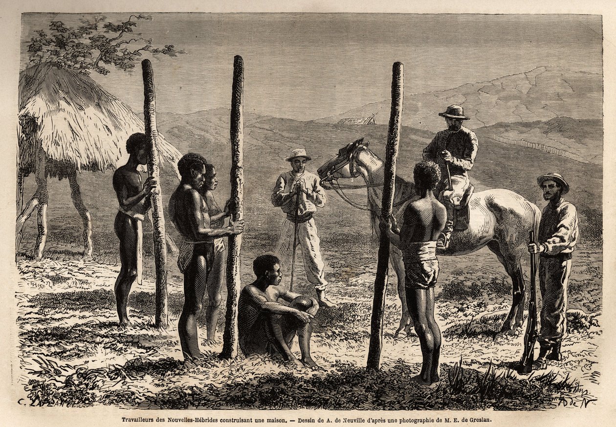 Travailleurs des Nouvelles-Hébrides (ou depuis 1980, la République de Vanuatu, un archipel mélanésien au nord de la Nouvelle-Calédonie), construisant une maison, que l