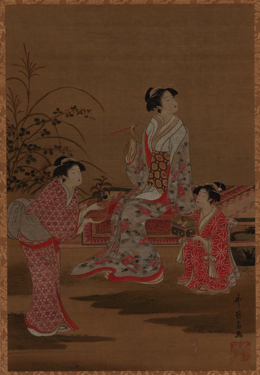 Jeune femme, avec deux servantes, assise dans un jardin - Unknown artist