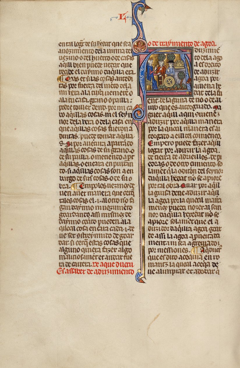 Initiale A : Un juge et deux hommes désignant un aqueduc et une roue de moulin - Unknown artist/maker