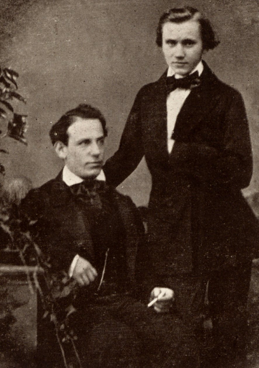 Johannes Brahms (1833-1897) compositeur allemand, debout, avec le violoniste hongrois réfugié, Eduard Remenyi (1828-1898), avec qui il est parti en tournée - Unknown photographer
