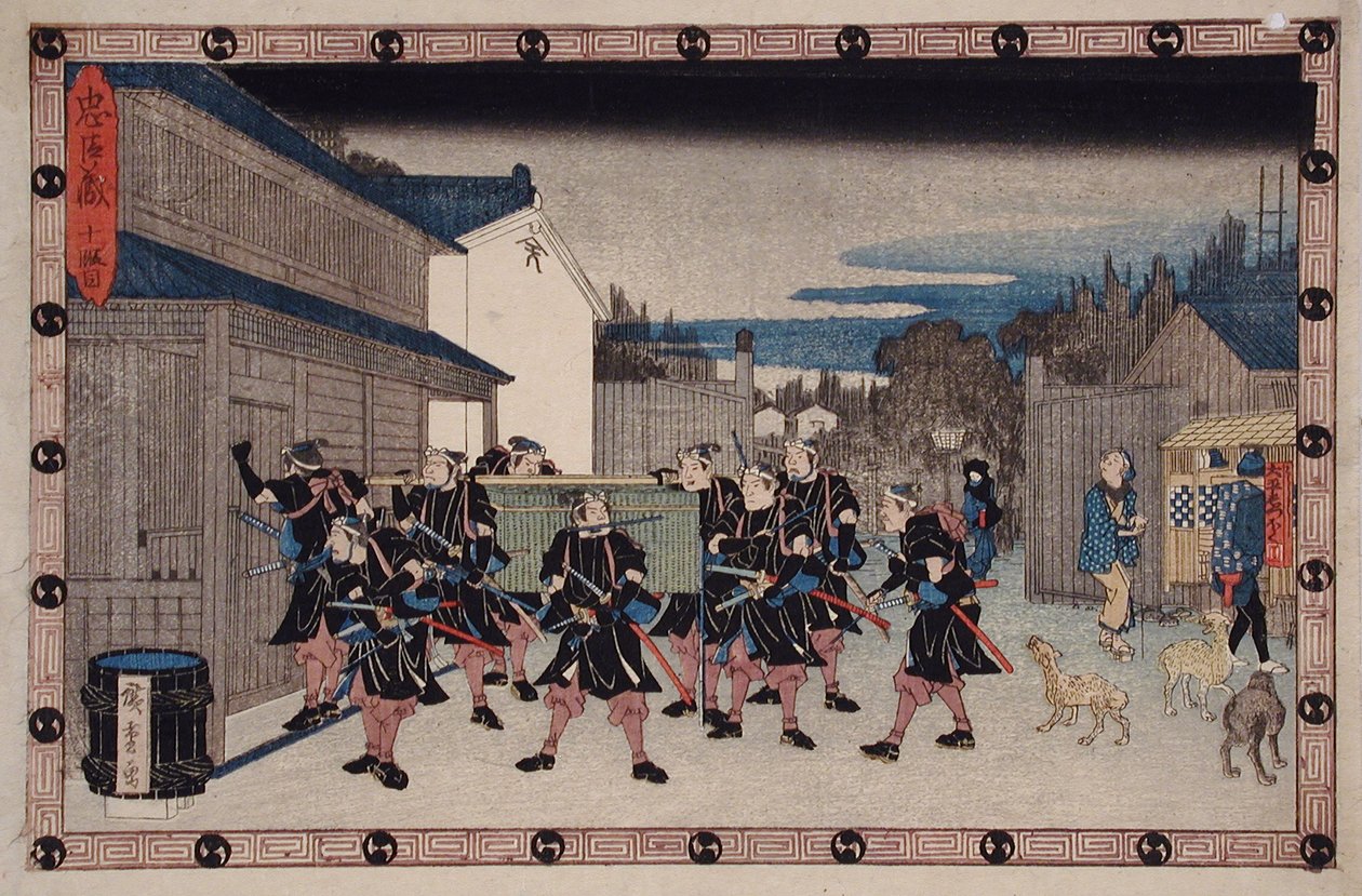 Acte X : Un rōnin transportant un panier dans lequel se cache Yuranosuke entre dans la maison de Gihei - Utagawa Hiroshige