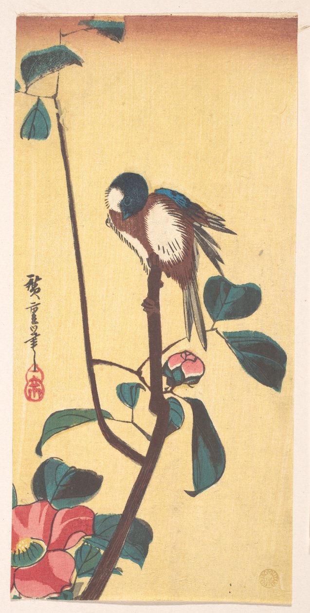 Camélia et oiseau à tête bleue - Utagawa Hiroshige