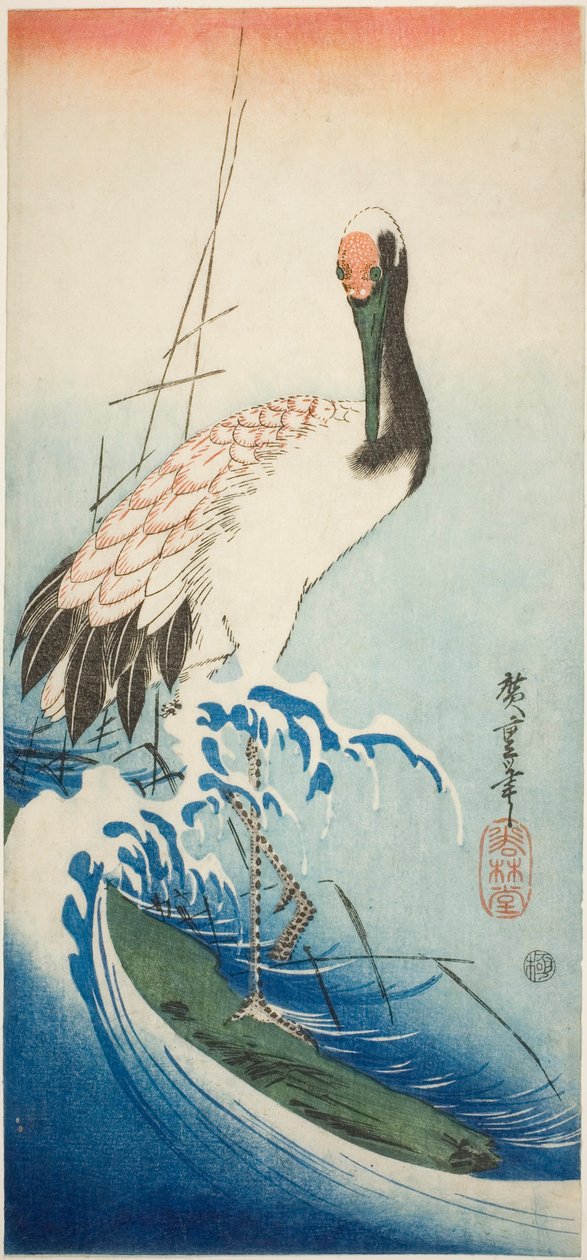 Grue et vagues - Utagawa Hiroshige