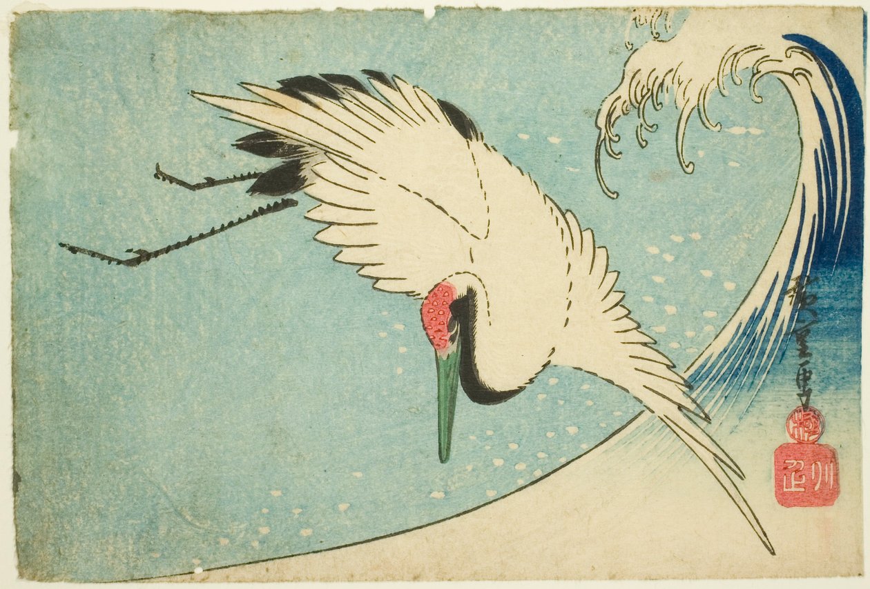 Grue volant au-dessus des vagues - Utagawa Hiroshige