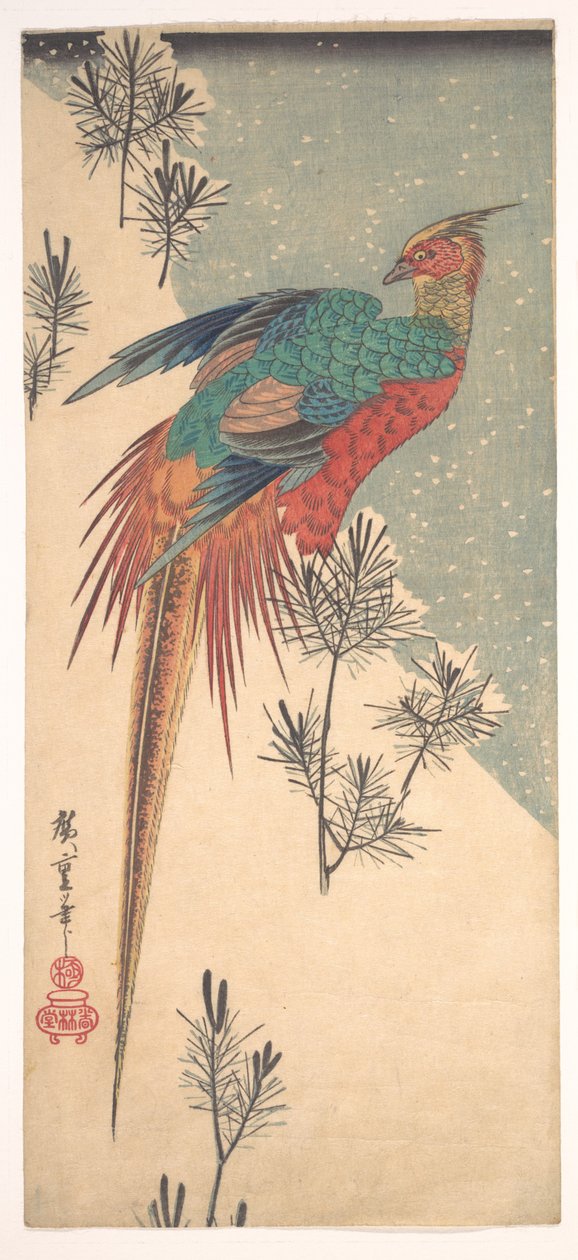 Faisan doré et pousses de pin dans la neige - Utagawa Hiroshige